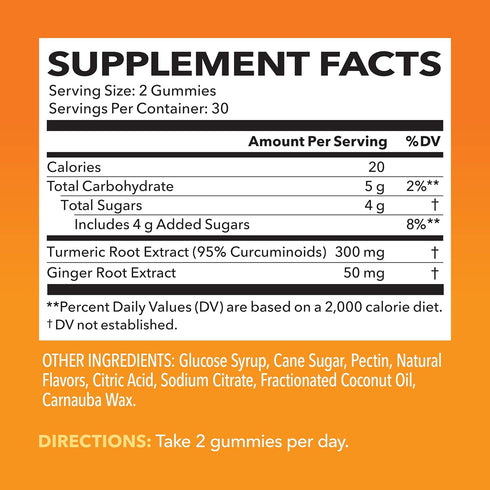 Turmeric and Ginger Gummies for Adults Peach Flavor | Ginger Chews with Turmeric Curcumin for Immune Support and Joint Health | 60 Vegan Gummies