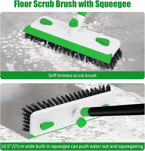 Xinran+ 3-in-1 Floor Scrub Brush with Long Handle, Scrape Scrubber Brush with Squeegee Stiff Bristle Deck Brush