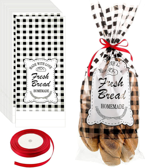 Zonon 50 Pieces Plastic Bread Bags with 1 Roll Tie Ribbon Large Transparent