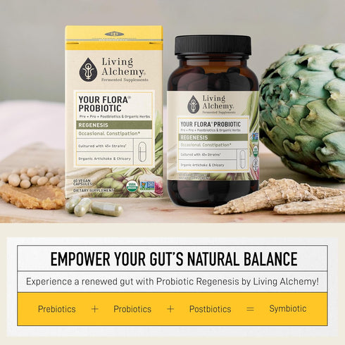 Living Alchemy Gut Health Supplements, Your Flora Probiotic Regenesis with Prebiotics, Digestive Enzyme, Vegan