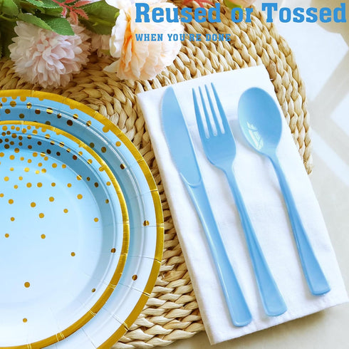 150 Pack Light Blue Plastic Silverware, Heavy Duty Utensils, 50 Forks, 50 Knives, 50 Spoons for Birthday Wedding Baby