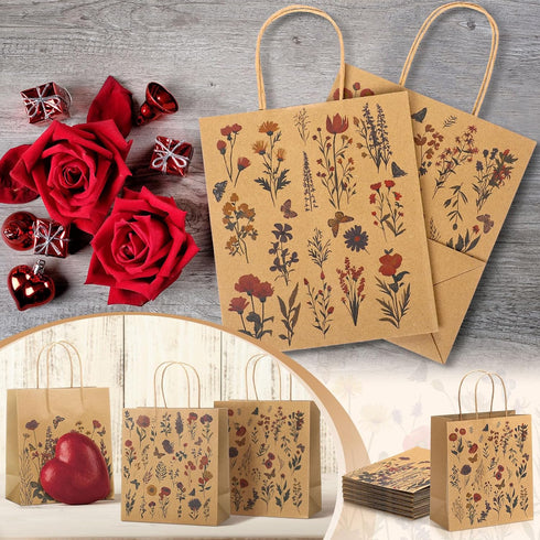 Kolldenn 24 8 3.9 9 6 Pcs Vintage Floral Wildflower Gift Bags Flower Kraft Paper Printed Candy Goodie Bags with Handles