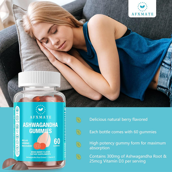 AFXMATE Ashwagandha Gummies & Vitamin D for Men & Women, 120 Count, Non-GMO, Sugar Free, Gluten Free