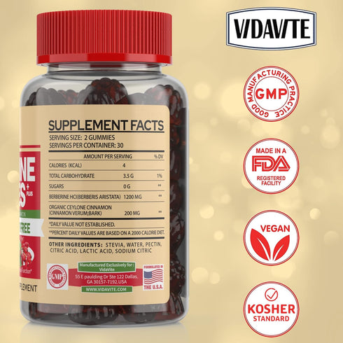 Berberine Supplement 1200mg with Ceylon Cinnamon Gummies — Sugar-free, 98% Pure & 10x Absorption for Weight Loss,