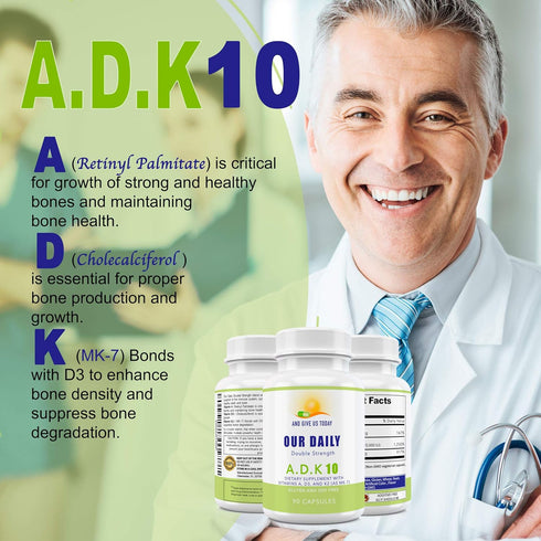 Our Daily Vites ADK 10 Double Strength Vitamins A1, D3 & K2, Gluten Free Immune Support Supplement, 90 Capsules