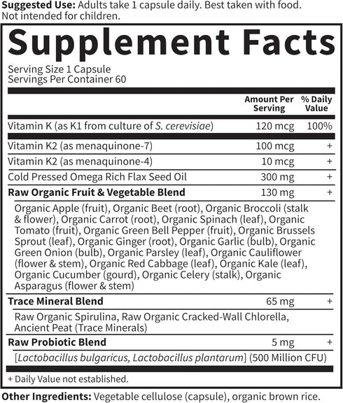 Garden of Life Vitamin K2 and K1, Vegan K Complex for Bone Strength and Heart Health, 60 Day Supply