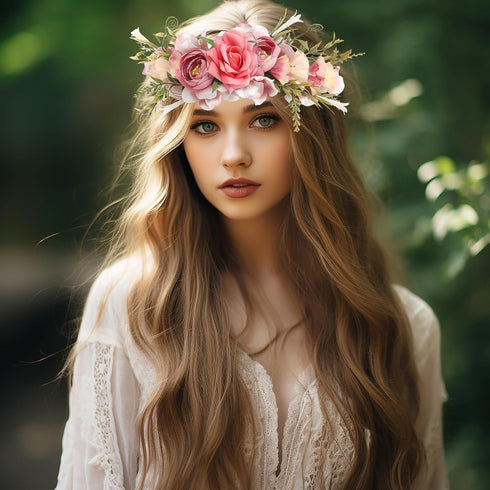 Women Floral Crown Boho Flower Headband, Hair Wreath Floral Halo Headpiece with Ribbon for Wedding Party Photos.