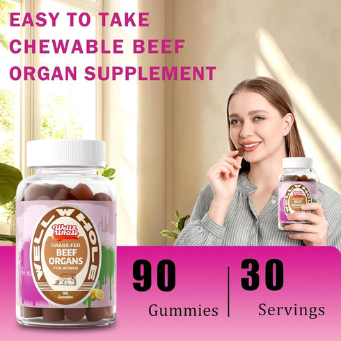 Gummies 90 Gummies Well&Whole Grass-Fed Beef Organ for Women - Liver, Kidney, Heart, Ovary & Uterus - Hormone Balance