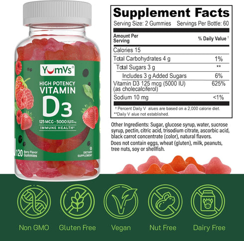 YumVs High Potency Vitamin D3 Gummies 5000 IU - Berry Flavor - Vegetarian, Kosher, Gluten Free - 120 Count