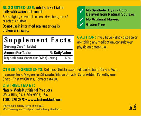 Nature Made Magnesium Oxide 250 mg, 200 Tablets, Muscle, Heart, Bone & Nerve Health Support