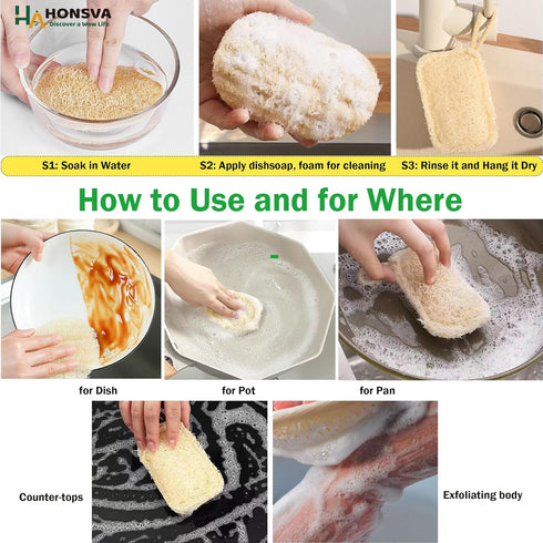 Natural Loofah Kitchen Sponge, 6 Pcs, 100% Plant Fibers Vegetable Scrubber, Eco Friendly