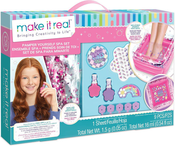 Make It Real Pamper Yourself Spa Set - 9 pcs, Inflatable Sparkly Foot Bath & Accessories for Girls & Tweens 8+
