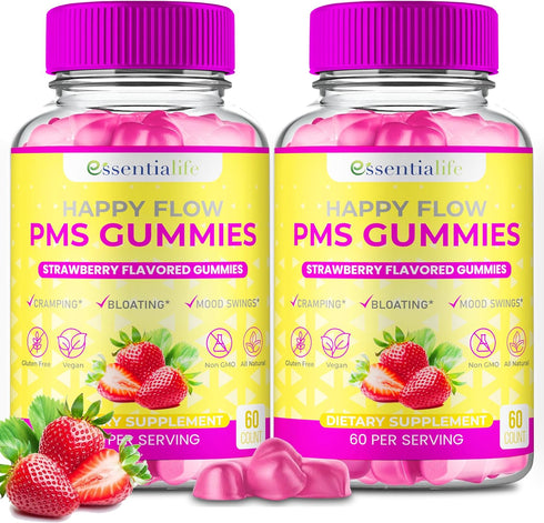 PMS Gummies - Happy Flow PMS Support Supplement for Women - Strawberry