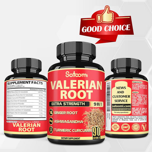 Valerian Root Capsules - 9 Natural Herbs including Ashwagandha, Turmeric, Ginger, Ceylon Cinnamon (90 Caps)