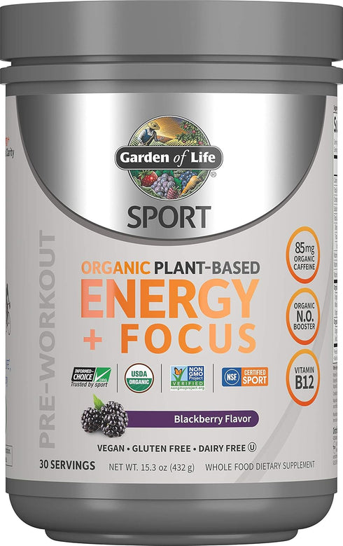 Garden of Life Sport Organic Plant Based Energy + Focus Clean Pre Workout Powder, Blackberry, 15.3 Oz