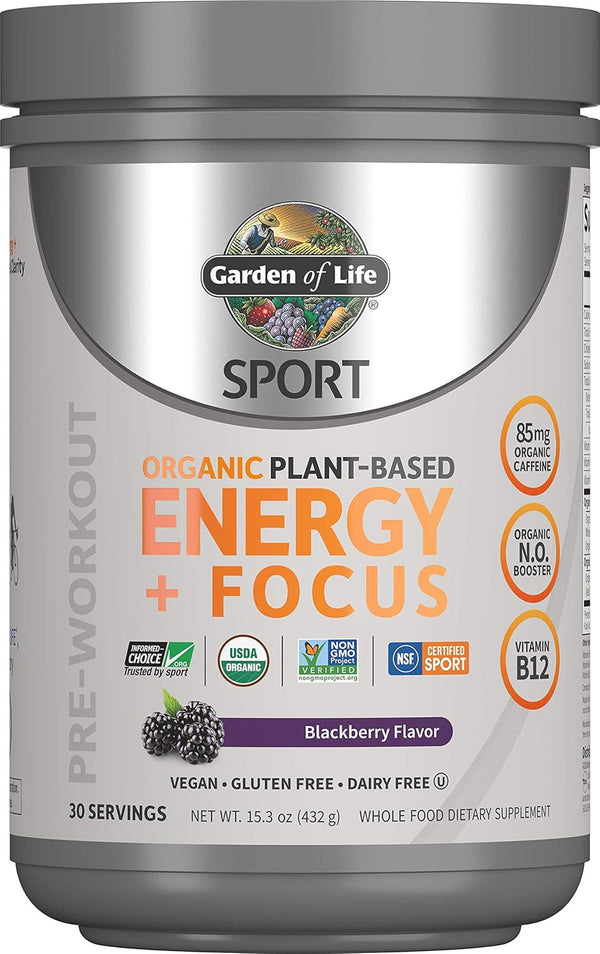 Garden of Life Sport Organic Plant Based Energy + Focus Clean Pre Workout Powder, Blackberry, 15.3 Oz