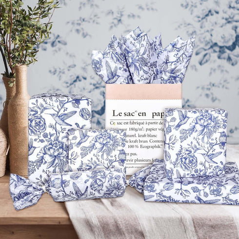 Whaline 100 Sheets Blue White Floral Tissue Paper, Chinoiserie Flower Bird Gift Wrapping Paper for Weddings and Parties