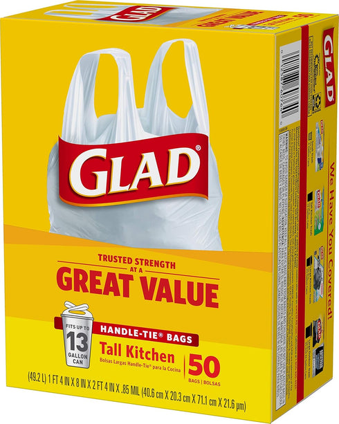 Glad Trash Bags, 13 Gallon White Handle-Tie Garbage Bags, 50 Count (Package May Vary)