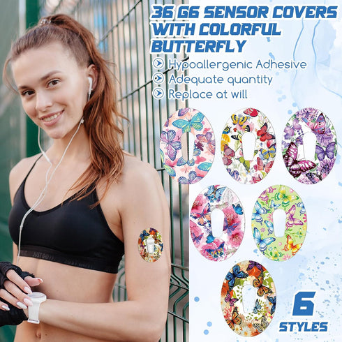 36 Pack Adhesive Patch Compatible with Dexcom G6 Breathable Colorful Butterfly CGM Patches Waterproof Butterfly Pre Cut Adhesive Tape for Continuous Glucose Monitor Protection