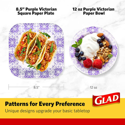 Glad Round Disposable Paper Bowls, Purple Victorian Design, Heavy Duty, 12 Oz, 20 Count