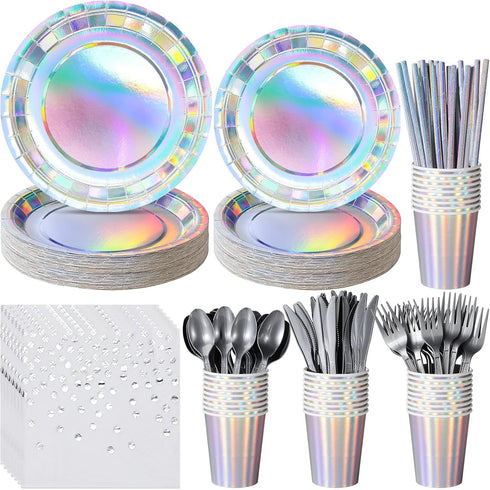 Iridescent Party Supplies, Holographic Paper Plates and Napkins Set for Mermaid Birthday Wedding Party, Serve 25
