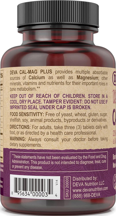DEVA Vegan Calcium Magnesium Supplement Plus Zinc, Vitamin C, D, K, Boron, Sugar Free & Gluten Free, 90 Tablets