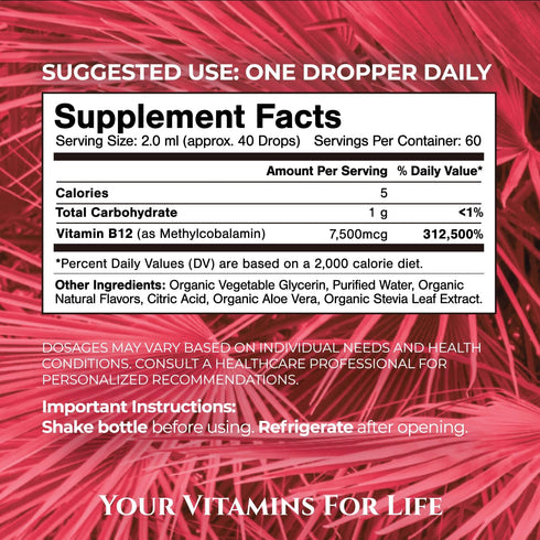 USDA Organic Ultra Max B12 | Superdose 7500mcg Vitamin B12 Liquid Drops as Methylcobalamin | 98% Absorption | Promotes Energy | Strawberry flavor, 4oz