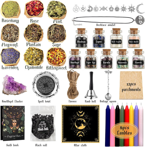 Witchcraft Supplies Kit, 56 PCS Witch Box with Dried Herbs, Crystals, Candles, Amethyst Cluster, Wiccan Tools for