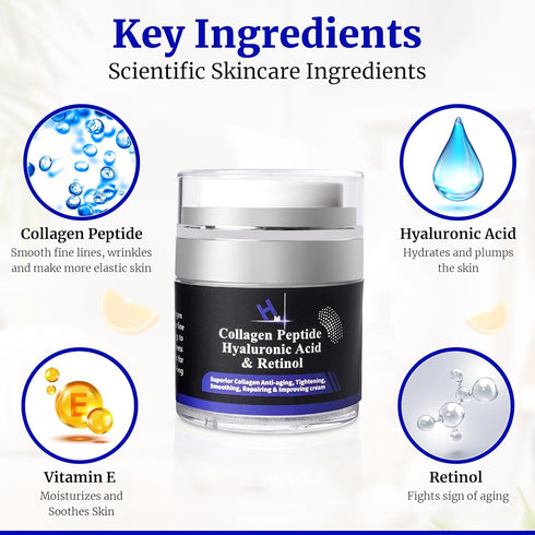 HM Collagen Peptide Cream with Hyaluronic Acid, Retinol & Vitamin E, Anti Wrinkle Anti Aging Skincare Moisturiser, Restores Collagen to the Skin, Fights Aging Dullness & Regains Soft Resilient Skin