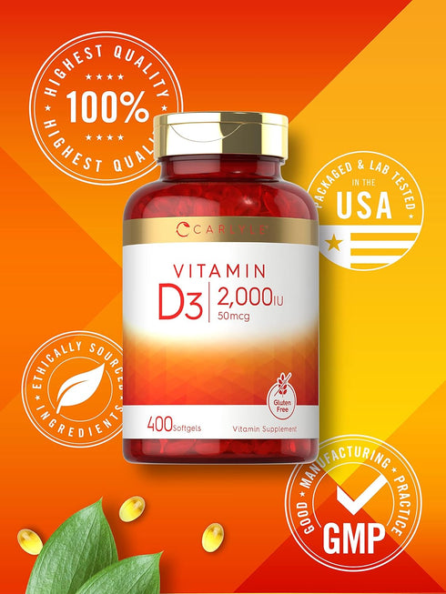 Carlyle Vitamin D3 2000IU Softgels, 400 Count, Non-GMO, Gluten Free Formula, 50 mcg, Vitamin D Supplement