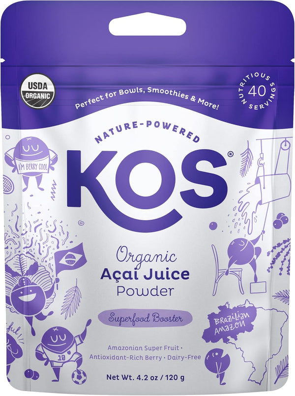 KOS USDA Organic Acai Powder, Unsweetened Superfood for Smoothies and Bowls, 40 Servings, Gluten-Free, Non-GMO.