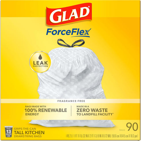Glad Trash Bags, ForceFlex Tall Kitchen Drawstring Garbage Bags, White, 13 Gallon, 90 Count (Package May Vary)
