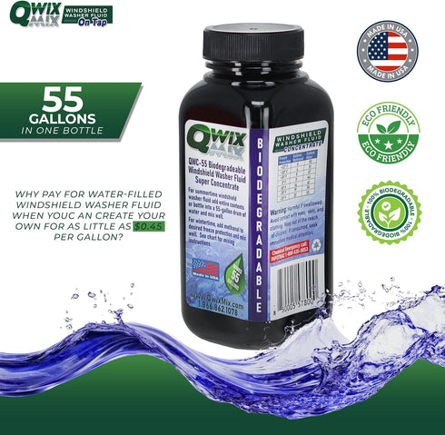 Qwix Mix 1 55 100% Commercial Windshield Washer Fluid Concentrate, Bottle Makes Gallons - Biodegradable Grime & Dirt
