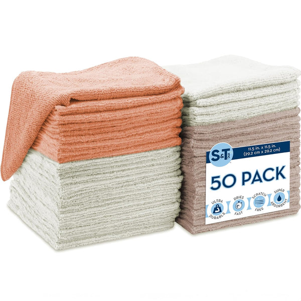 S&T INC. Microfiber Cleaning Cloth - Bulk Reusable Towels for Home, Neutral Coral, 50 Count