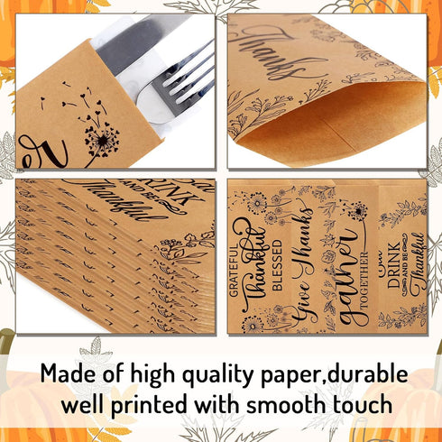Whaline 100 Pack Fall Thanksgiving Silverware Bags, Rustic Kraft Paper Cutlery Holders for Autumn Party Supplies