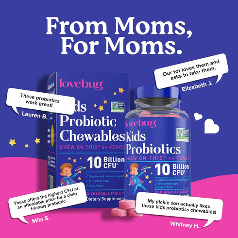 LOVEBUG Probiotics for Kids – Sugar-Free Probiotic Chewables with Prebiotic Fiber for Age 4+, 30 ct