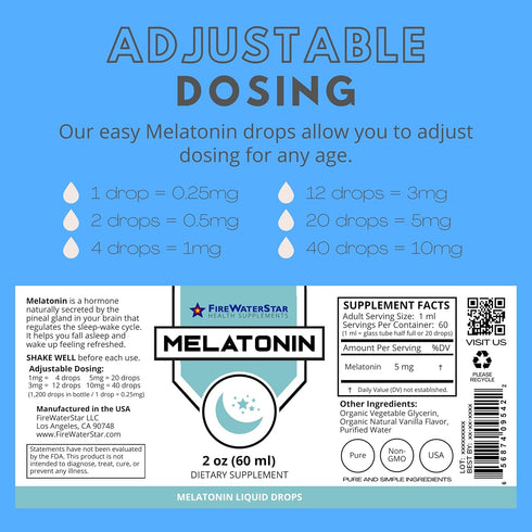 FWS Liquid Melatonin Drops for Adults and Kids - 99% Pure, Organic, Non-GMO, Vegan, 2oz