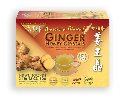 Prince of Peace Instant American Ginseng Ginger Honey Crystals, 10 Sachets, Instant Hot or Cold Beverage