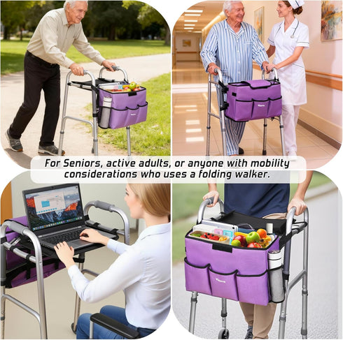 Vizava Upgrade Walker Basket with Tray, Detachable Walker Tray for Folding Walkers, Storage Bag with Cup & Cane Holder