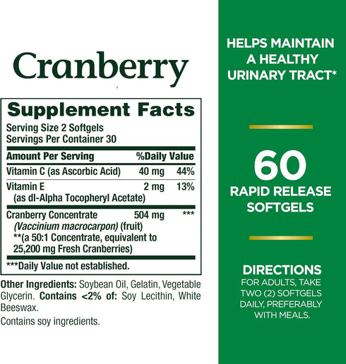 Nature's Bounty Cranberry Dietary Supplement - 60 Ct, Supports Urinary Tract and Immune Health, Softgels, 25,200 Mg