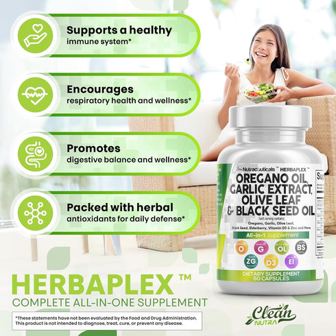 Immune D3 2Pack Clean Nutraceuticals Oregano Oil Garlic Extract Olive Leaf Black Seed Oil - Support & Digestive Health