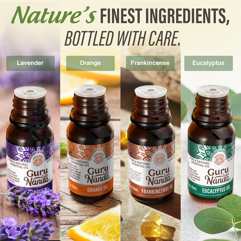 Set (Pack 4 0.5 Oz) GuruNanda Essential Oils of x Fl - Pure, Natural Frankincense, Lavender, Eucalyptus & Orange