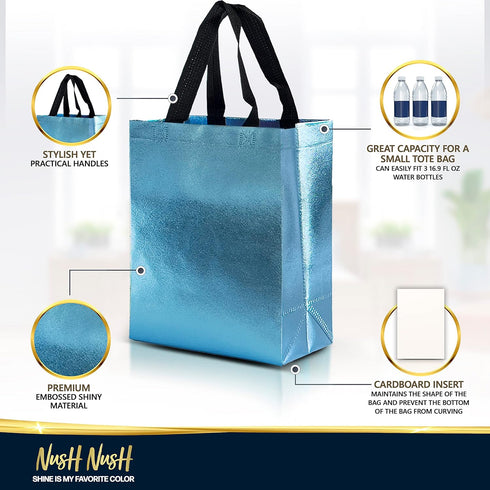 Nush Nush Aqua Blue Gift Bags - Medium Size Set of 12 Light Blue Reusable Gift Bags with Handles for Parties