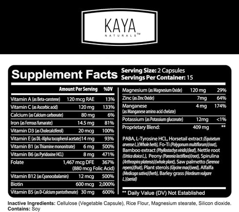 Kaya Naturals Hair Skin Nail Capsules with Biotin | Hair and Skin Vitamins, Vitamin D Vitamin B-12 A Folic Acid Support, Hair Support Vitamin Supplement for Hair Skin Nails- 30 Count Capsules