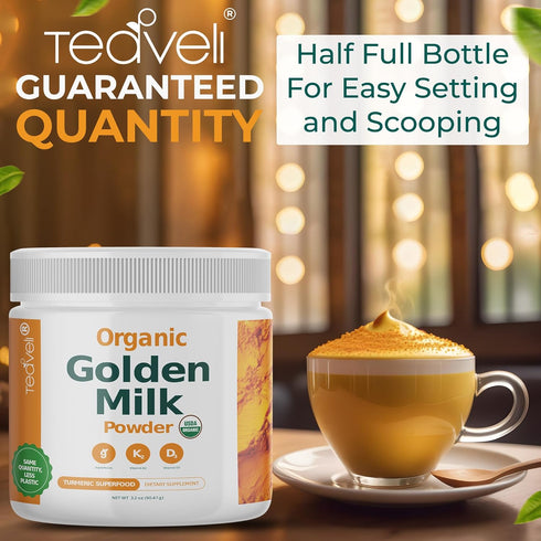 Organic Golden Milk Powder (Leche Dorada organica) with Turmeric, Ginger, Curcumin, Cinnamon, KSM66 Ashwagandha, Tulsi