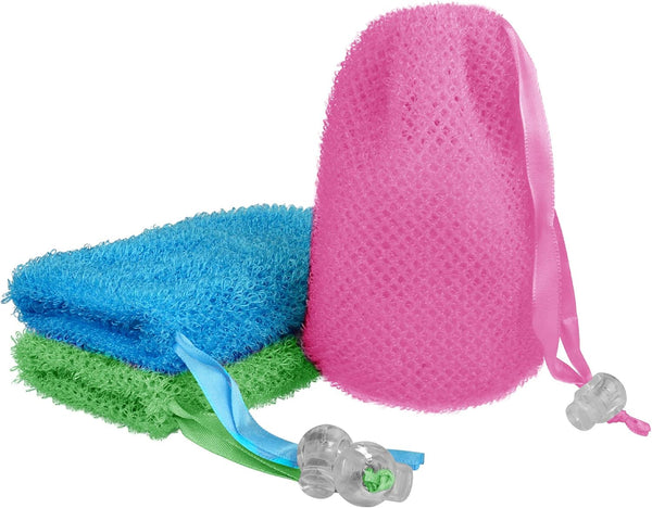 Linkidea 3 Pack Soap Bag, Exfoliating Soap Saver Pouch, Body Scrubber for Bath Shower (Three Random Color)