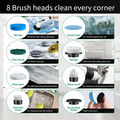 IPX7 8 Cordless Electric Spin Scrubber - Waterproof, LCD Display, Brush Heads, Adjustable Extension Handle, for Shower