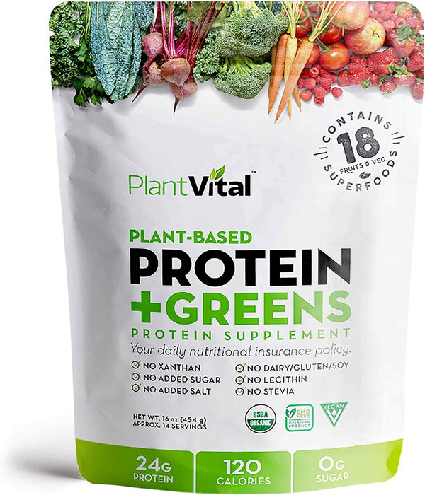 Plantvital Organic Vegan Protein Powder, Unflavored, 18 Superfoods, 16oz Pouch, Gluten Free