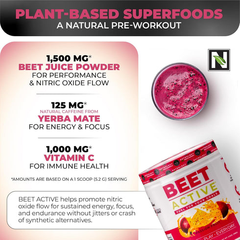 Beet Active Natural Pre-Workout Powder, Vegan Pre Workout, Passion Fruit Flavor, 30 Servings, Supports Energy &