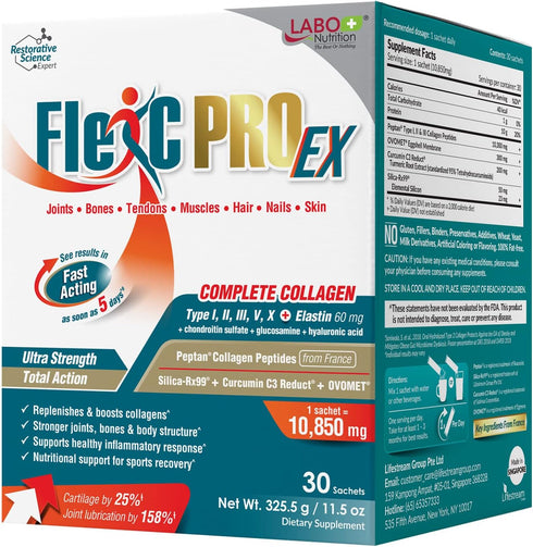 LABO Nutrition FlexC PRO EX - Full Spectrum Collagen Types I, II, III, V & X for Hair, Skin, Nails, Joints